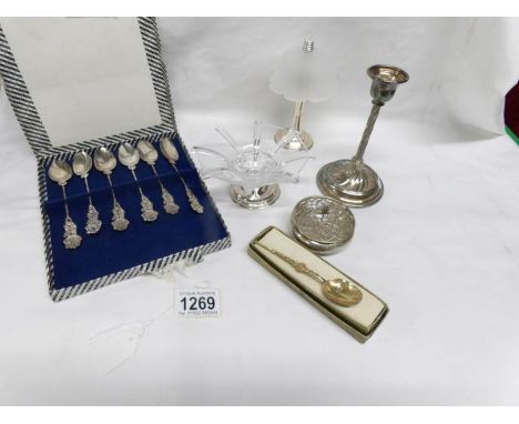 A quantity of silver items including set of 6 spoons, candlestick, miniature rose bowl, silver footed glass bowl and silver b