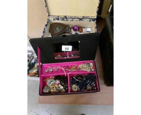 2 jewellery boxes and contents including costume jewellery, badges, buttons, Zippo lighter etc