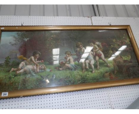 A large framed and glazed early print of cherubs, glass a/f