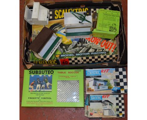 Selection of Scalextric items: boxed Racing Pit; Set 40, Marshal's Hut with box, two unboxed accessories. Together with a Sub