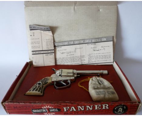 Mattel Shootin' Shell Fanner Pistol, boxed. Includes bag of original bullets and target.
