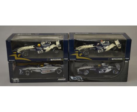 4 Minichamps/Hotwheels 1/18 scale Formula One models: Williams F1 BMW FW26 J.P. MONTOYA, Williams F1 BMW FW25 Ralf Schumacher