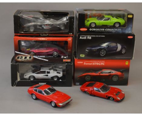 6 x Kyosho & Minichamps 1:18 scale model cars. Audi has mirrors detached but present, Ferrari missing glass to front lights. 