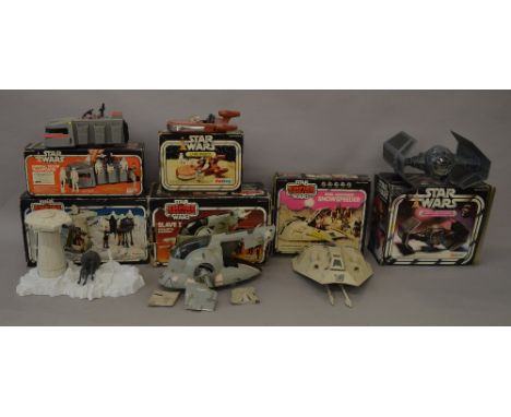 Quantity of Palitoy Star Wars toys, ANH and ESB, all boxed: Slave I; Land Speeder; Turret & Probot Playset; Rebel Armoured Sn