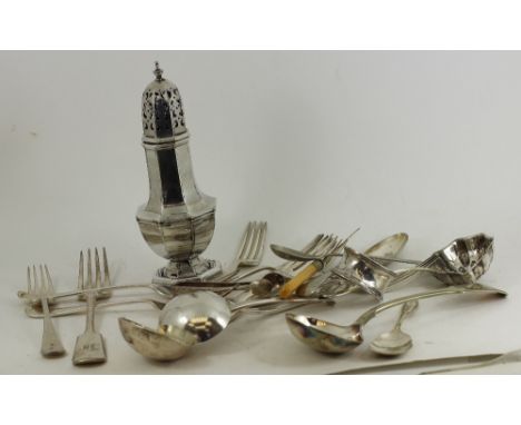 A mixed quantity of assorted silver and silverplate flatware and a silver plate sugar sifter, Aprox 186g of silver. 