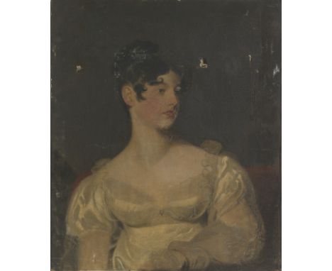 English school, early 19th centuryHalf length portrait of a lady in white silk dressoil on canvas, unframed (distressed)77 x 