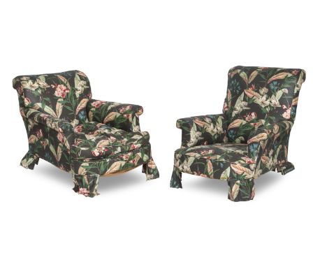 A near pair of early 20th century easy armchairsOne made by Hindley &amp; WilkinsonBoth with beech ring turned front legs wit