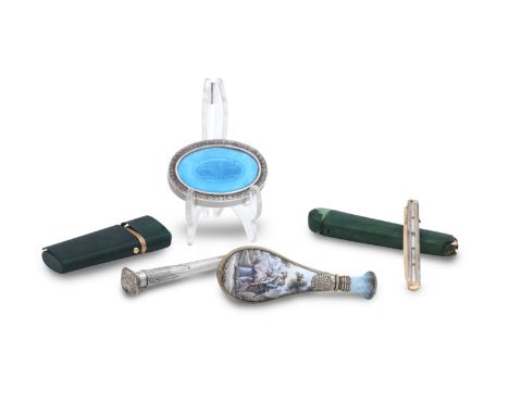 A French silver-gilt and enamel scent bottleunmarked, mid 19th century Of tear-shape, painted to one side with courting coupl