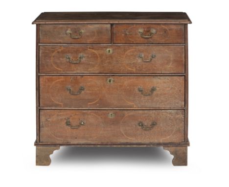 A late 17th/early 18th century oak and walnut inlaid chestOf two short and three long drawers on later bracket feet, 93cm wid