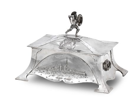 An Arts and Crafts silver presentation casketby Edward &amp; Sons, Glasgow 1911The hinged lid surmounted by a cast figure of 