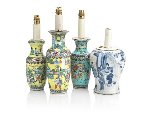 A group of four Chinese porcelain vasesEach converted to a table lamp, including a Kangxi porcelain Yen Yen vase (reduced), t