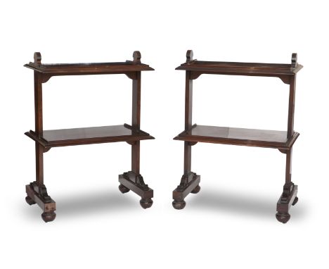 A pair of early Victorian mahogany two tier etageresEach shelf with three quarter galleries on end supports, 83cm wide x 48cm