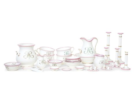 A Minton 27-piece part toilet setWith Sutherland interlaced 'S' cypher within pink borders, Comprising two pairs of candle st