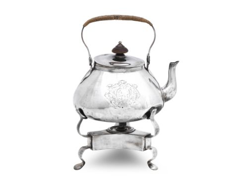 A GEORGE II TEA-KETTLE, STAND AND LAMPby Edward Feline, London, 1743the compressed pear-shaped body engraved with a coat of a