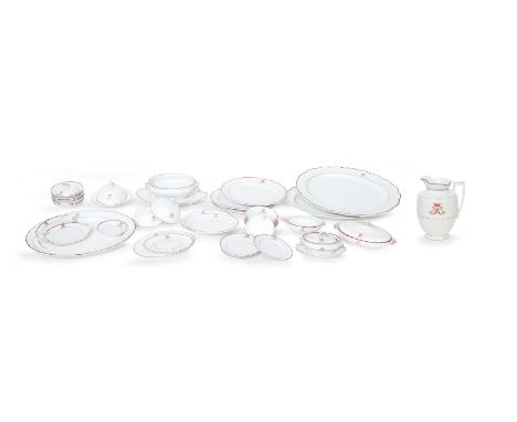 A Furnival 86-piece semi-china earthenware dinner serviceEach piece with red enamel rim and Sutherland cypher, including twen