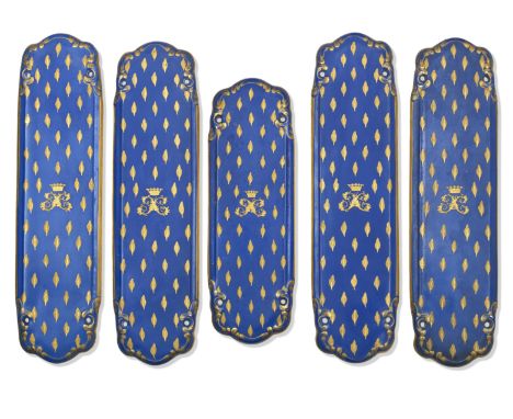 A group of Five Victorian blue gilt porcelain door finger platesPossibly Copeland Spode, with central Sutherland cypher and p