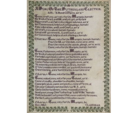A Victorian Political History needlework sampler of, ' A Song of the Sutherland Election'The lyrics of the song in purple thr