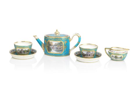 A Mintons gilt porcelain part tea setDecorated with mansion and lake views on a bleu celeste ground, comprising an oval tea p