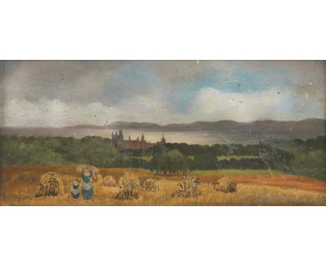 Scottish School (Early 19th Century)View of Dunrobin, with harvesters in foregroundoil on canvas, laid on panel 11 x 23cm (4 