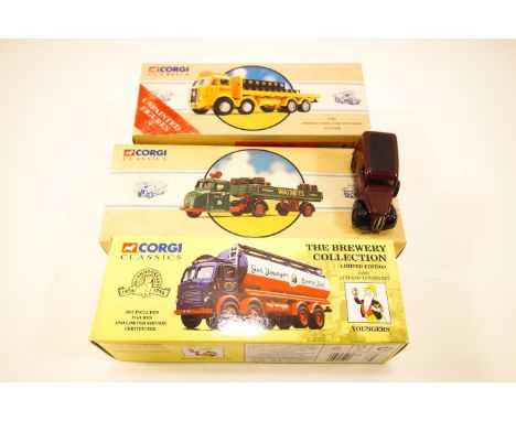 Three boxed Corgi classics, The 97917 Scammell Scarab, 24301 Leyland Tanker set, 97334 Atkinson eight wheel rigid and another