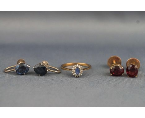 A collection of Jewellery to include a sapphire and diamond cluster ring, size M, hallmarked 9ct gold; together with two pair