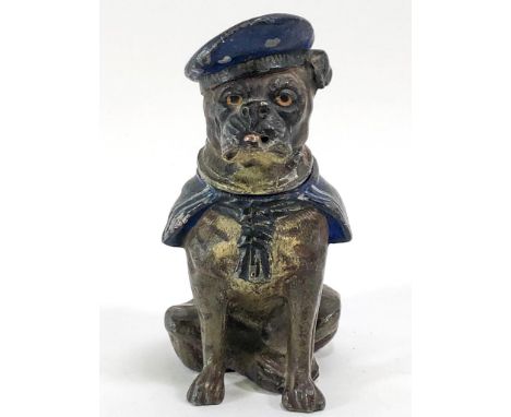 A Victorian cold painted inkwell in the form of a Bulldog, his cap titled H M S Renown, 15cm high