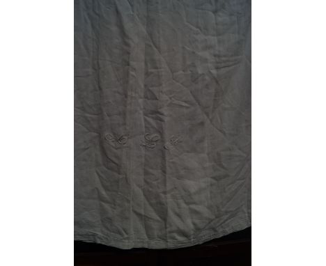 French linen, three curtains made from old bed sheets with embroidered initials, the first; 178cm high x 152cm wide, the othe