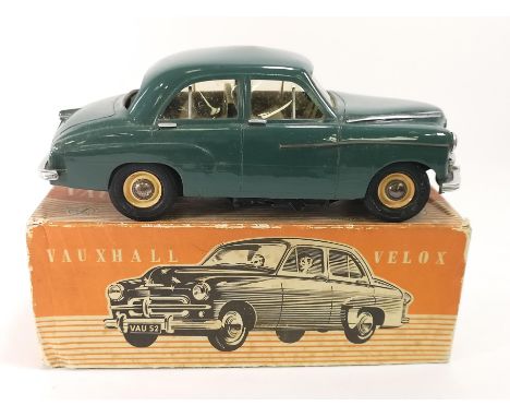 A boxed Victory model car, Vauxhall Velox (electric Scale 1/18), finished in sage green, 9cm high x 24cm long