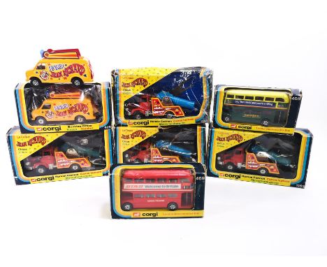 Four boxed Corgi Jean Richard Circus 1163 Human Cannon, a 426 Booking Office and two 469 London Routemaster buses, and an un-
