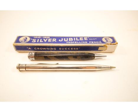 A George V yard o led propelling pencil in original box, "1910-1935 Silver Jubilee", together with another pencil