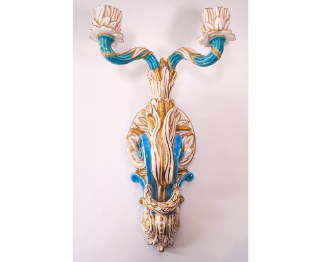 A Copeland porcelain wall bracket with two branch candle sconces, decorated with turquoise enamels and gilt, printed marks, 3
