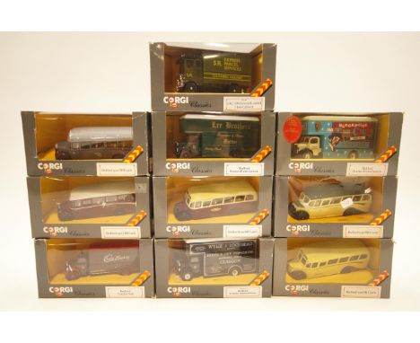 Ten boxed Corgi classics, coaches and lorries, to include Bedford OB coaches and Bedford 0 series pantechnicons