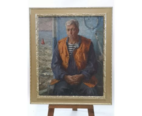 A Maahot Portrait of a gentleman with seascape beyond, oil on canvas, signed upper right