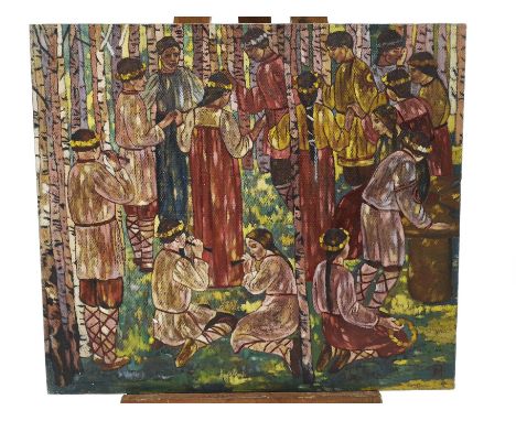 Tatayaahha, M P, In the wood glades, oil on canvas, signed with initials lower right and inscribed verso, 70cm high x 80cm wi