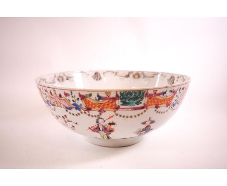 An 18th century Chinese porcelian bowl, decorated with scholars amongst foliage, the interior with grisaille shell and scroll