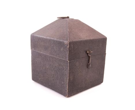 A George III shagreen tea caddy case, with central ring handle, 15cm high x 12cm squared