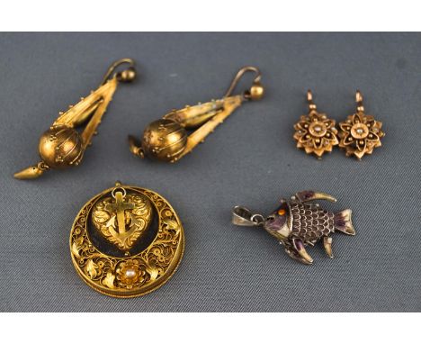 A collection of Jewellery to include a pair of earrings, an articulated enamel fish pendant, two earring pendants and a filig