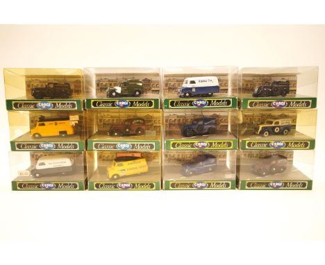 Twelve cased Corgi classics models. delivery vans to include the D980 Ford Popular van and the D957 Morris 1000 van