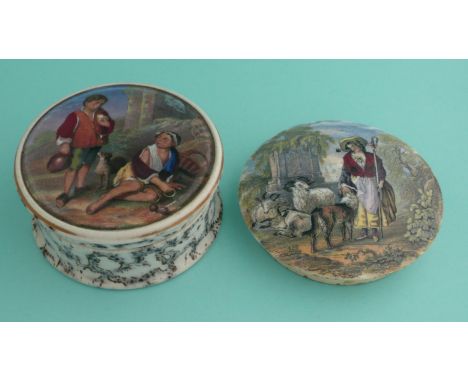Peasant Boys (348) black and gilt marbled flange, hairline crack, complete with matching base and The Shepherdess (325) (3)(p