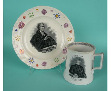 A nursery plate printed with a named portrait of Rev J Fletcher, hairline crack and a pottery mug with named portraits of Rob