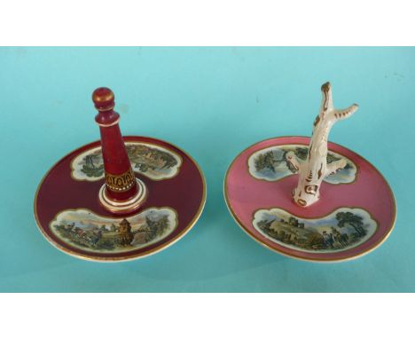 A ‘lighthouse’ ring stand, deep crimson ground, 105mm diameter, stalk repaired, and a ‘tree’ ring stand, pink ground, restore