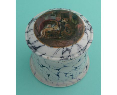 Deerhound Guarding Cradle (269) small domed lid with black marbled border and flange, complete with matching tall base, base 