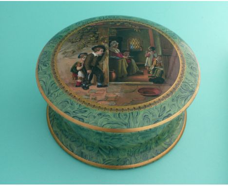 An extra large malachite lid and base: The Truant (413) gilt decoration, restored chip to lip of base (potlid pot lid pratt p