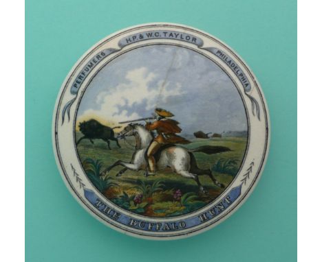 The Buffalo Hunt (243) broken in two and repaired (potlid pot lid pratt prattware)