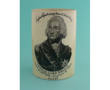 1805 Nelson in Memoriam: a creamware mug printed in black with an inscribed portrait, 125mm, restored (commemorative commemor