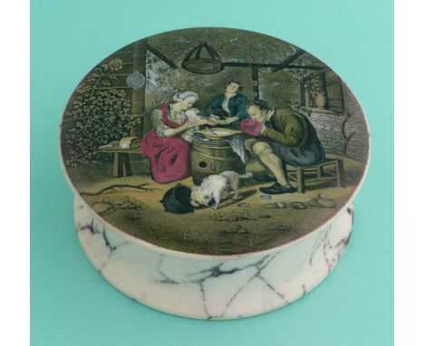 Grace Before Meals (338) flat lid, marbled flange, restored rim at seven o’clock, complete with matching base (2)(potlid pot 