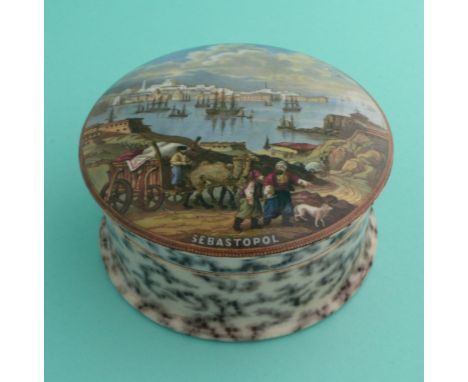 Sebastopol (209) black mottled flange, restored, complete with matching base (2)(potlid pot lid pratt prattware)