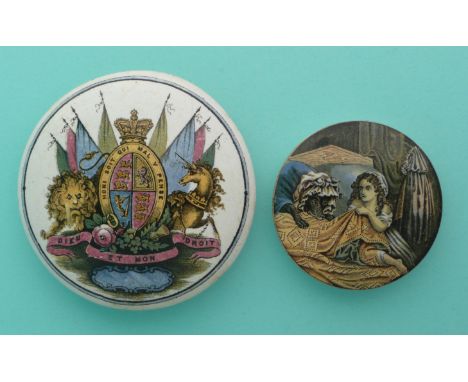 Royal Coat of Arms (355B) rim chips and Little Red Riding Hood (358) (2)(potlid pot lid pratt prattware)