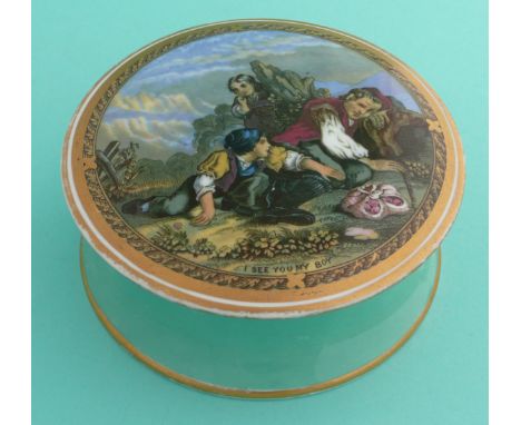 I See You My Boy (311) a finely potted porcelaineous lid with green flange and gold banded border, complete with matching bas