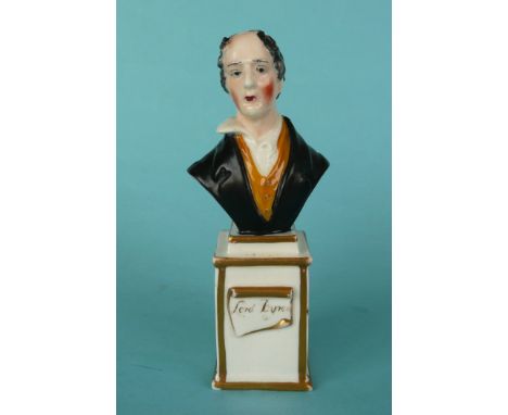 Lord Byron: a colourful English porcelain portrait bust on integral named pedestal, circa 1820, 142mm(staffordshire pottery t